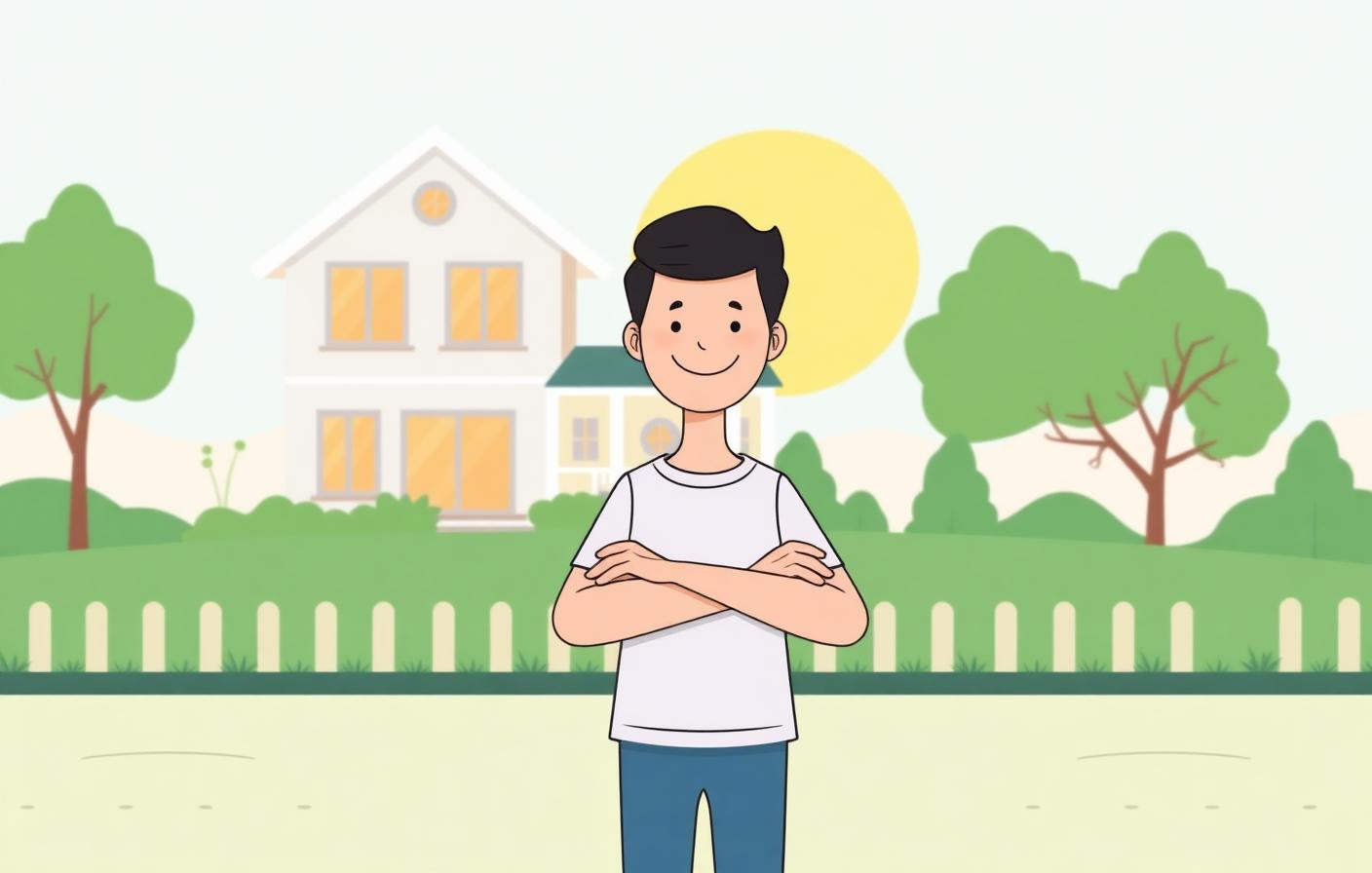 Illustration of a happy person standing in front of a cozy home, representing financial relief and peace of mind